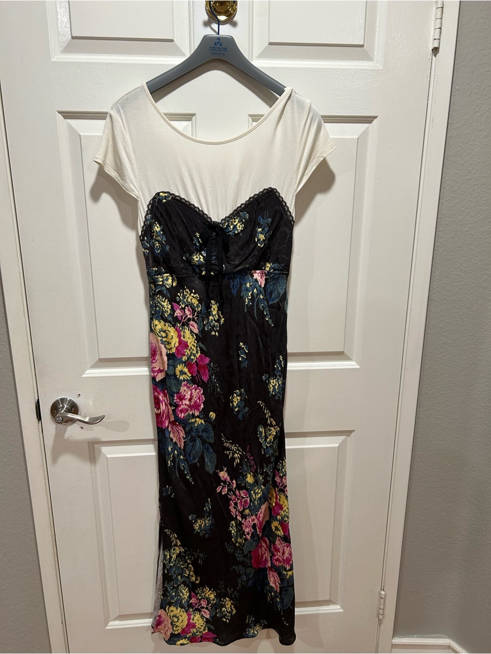 Anthropologie Twofer Midi Slip Dress Black Floral Lace Up Size L